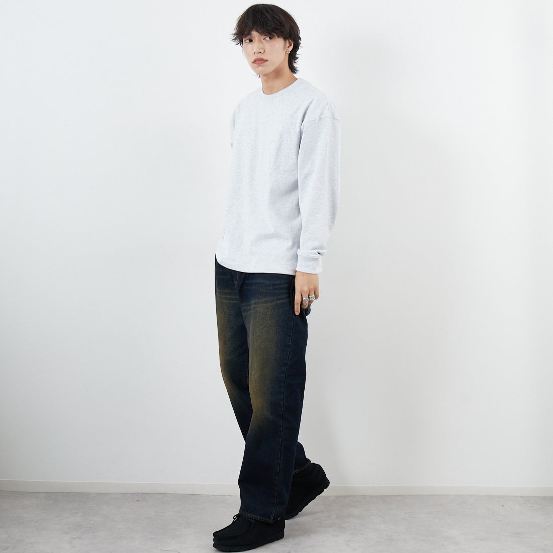 ONEITA [オニータ] ケミカル加工ドロストロングスリーブTシャツ [2523-468IN] ASH &&モデル身長：179cm 着用サイズ：M&&