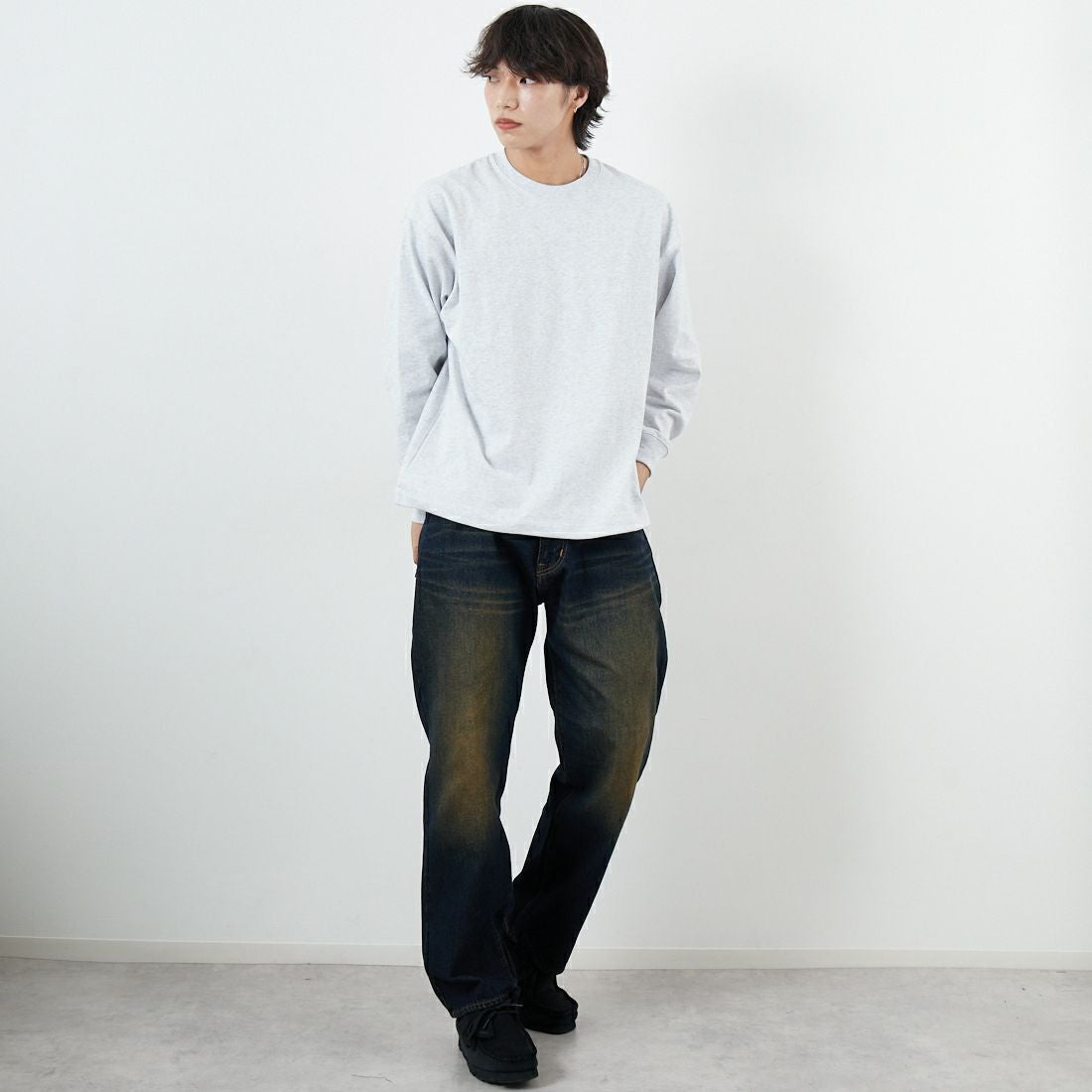 ONEITA [オニータ] ケミカル加工ドロストロングスリーブTシャツ [2523-468IN] ASH &&モデル身長：179cm 着用サイズ：M&&