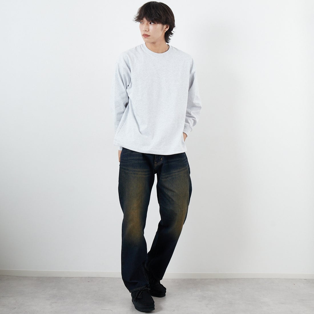 ONEITA [オニータ] ケミカル加工ドロストロングスリーブTシャツ [2523-468IN] ASH &&モデル身長：179cm 着用サイズ：M&&