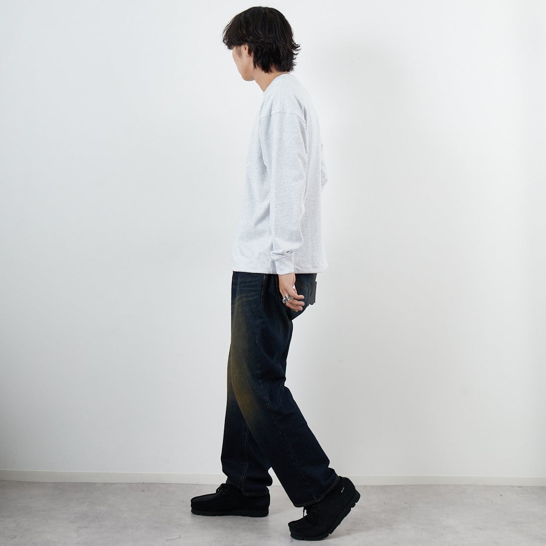 ONEITA [オニータ] ケミカル加工ドロストロングスリーブTシャツ [2523-468IN] ASH &&モデル身長：179cm 着用サイズ：M&&