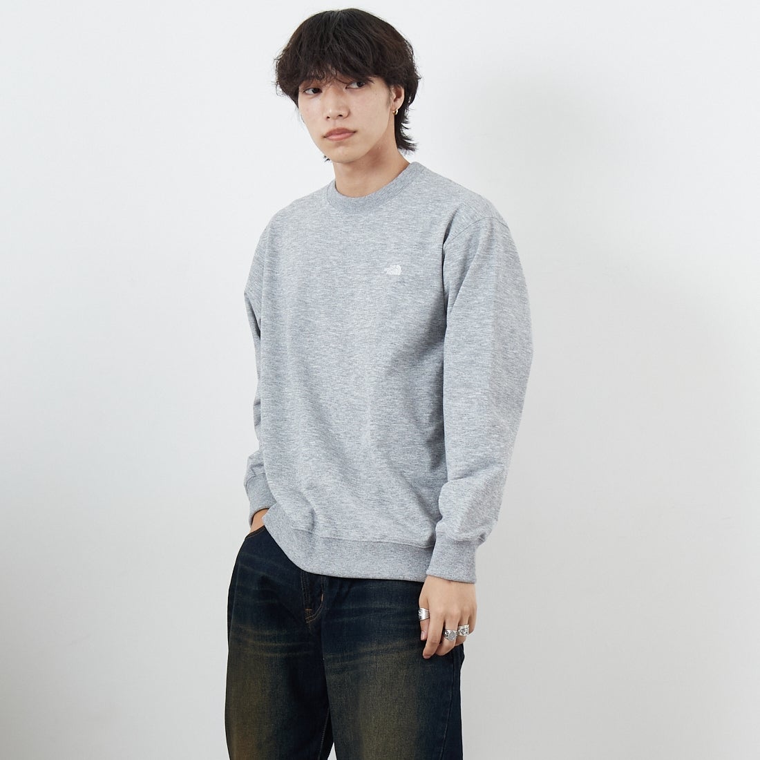 THE NORTH FACE [ザ ノースフェイス] スモールロゴヘザースウェットクルー [NT62532] Z &&モデル身長：179cm 着用サイズ：M&&