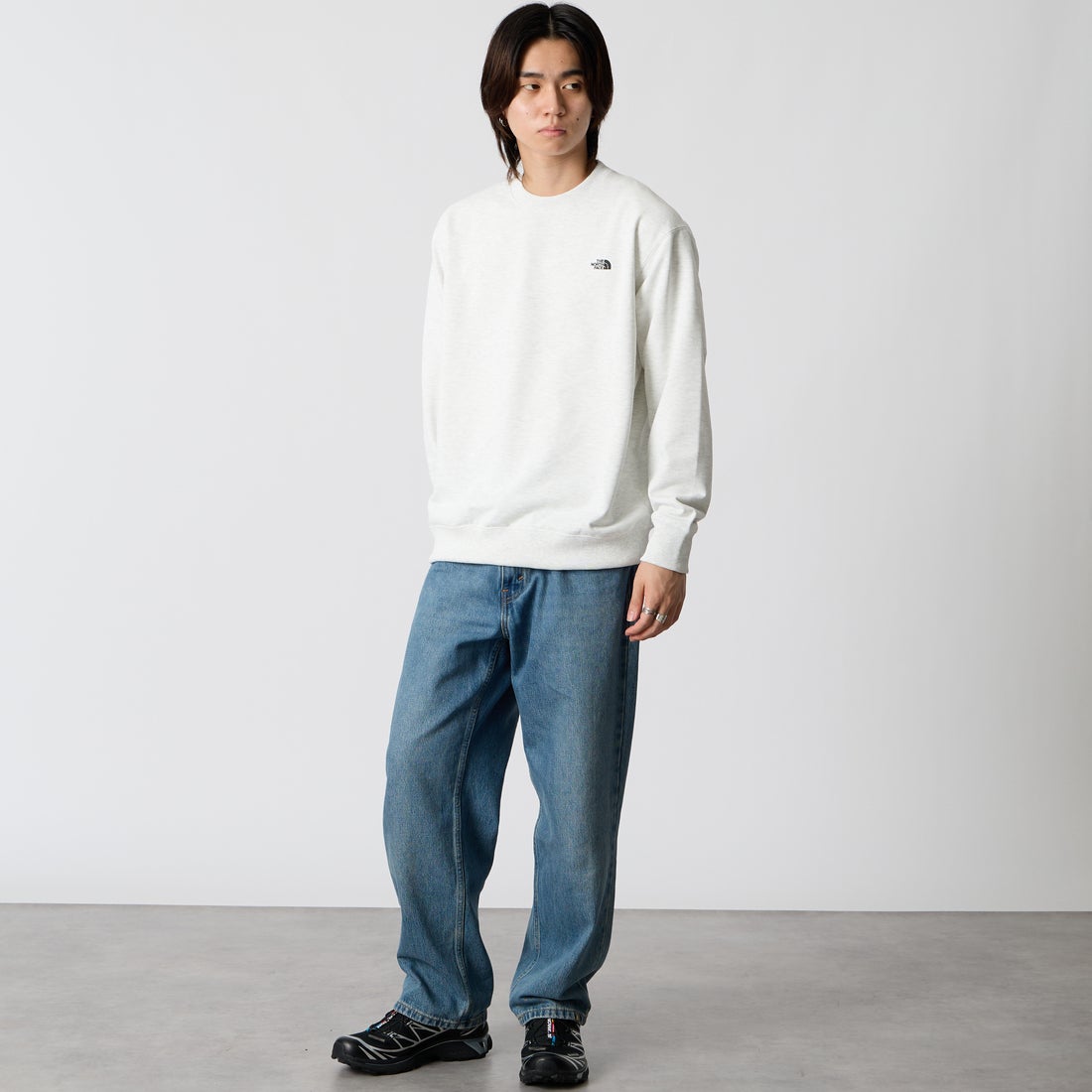 THE NORTH FACE [ザ ノースフェイス] スモールロゴヘザースウェットクルー [NT62532] WX &&モデル身長：177cm 着用サイズ：M&&