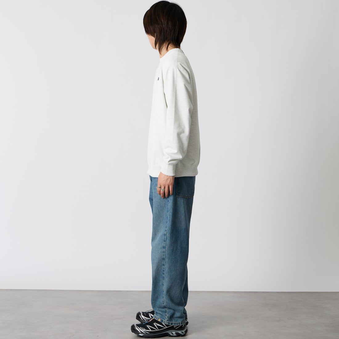 THE NORTH FACE [ザ ノースフェイス] スモールロゴヘザースウェットクルー [NT62532] WX &&モデル身長：177cm 着用サイズ：M&&
