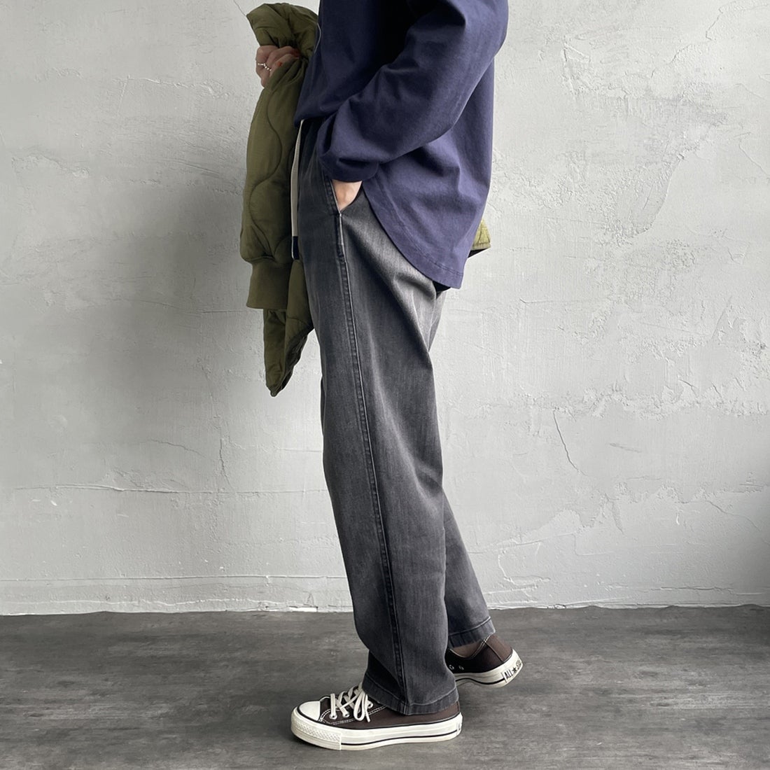 GRAMiCCi [グラミチ] 別注 ストレッチデニム エブリデイパンツ [GUP5-F1023-JF] BLK USED &&モデル身長：160cm 着用サイズ：S&&