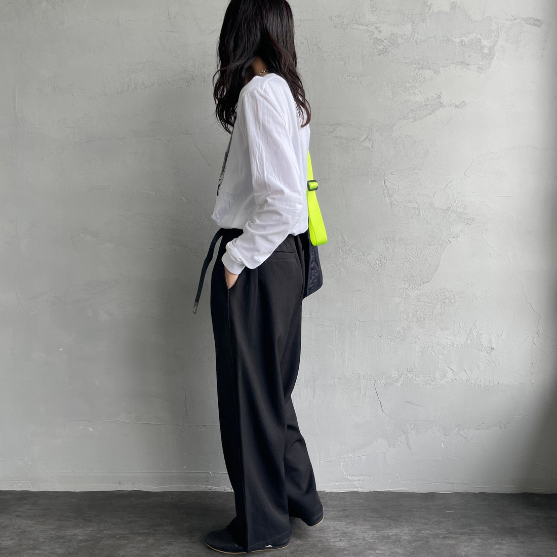 GRAMiCCi [グラミチ] 別注 ウールライク ワイドパンツ [GUP5-F1025-JF] BLACK &&モデル身長：160cm 着用サイズ：S&&