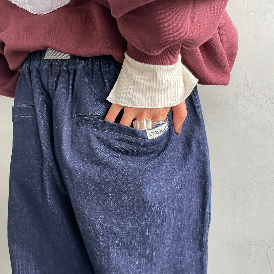 GRAMiCCi [グラミチ] 別注 ワイドデニムパンツ [GUP5-F1089-JF] ONE WASH &&モデル身長：160cm 着用サイズ：XS&&