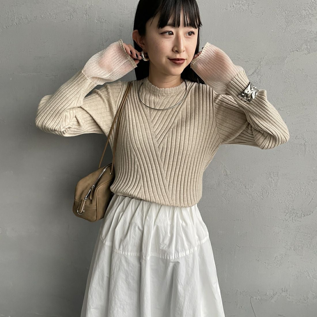 nenom [ネノム] ラメ袖切り替え ランダムリブニット [NE25131024] 22 BEIGE