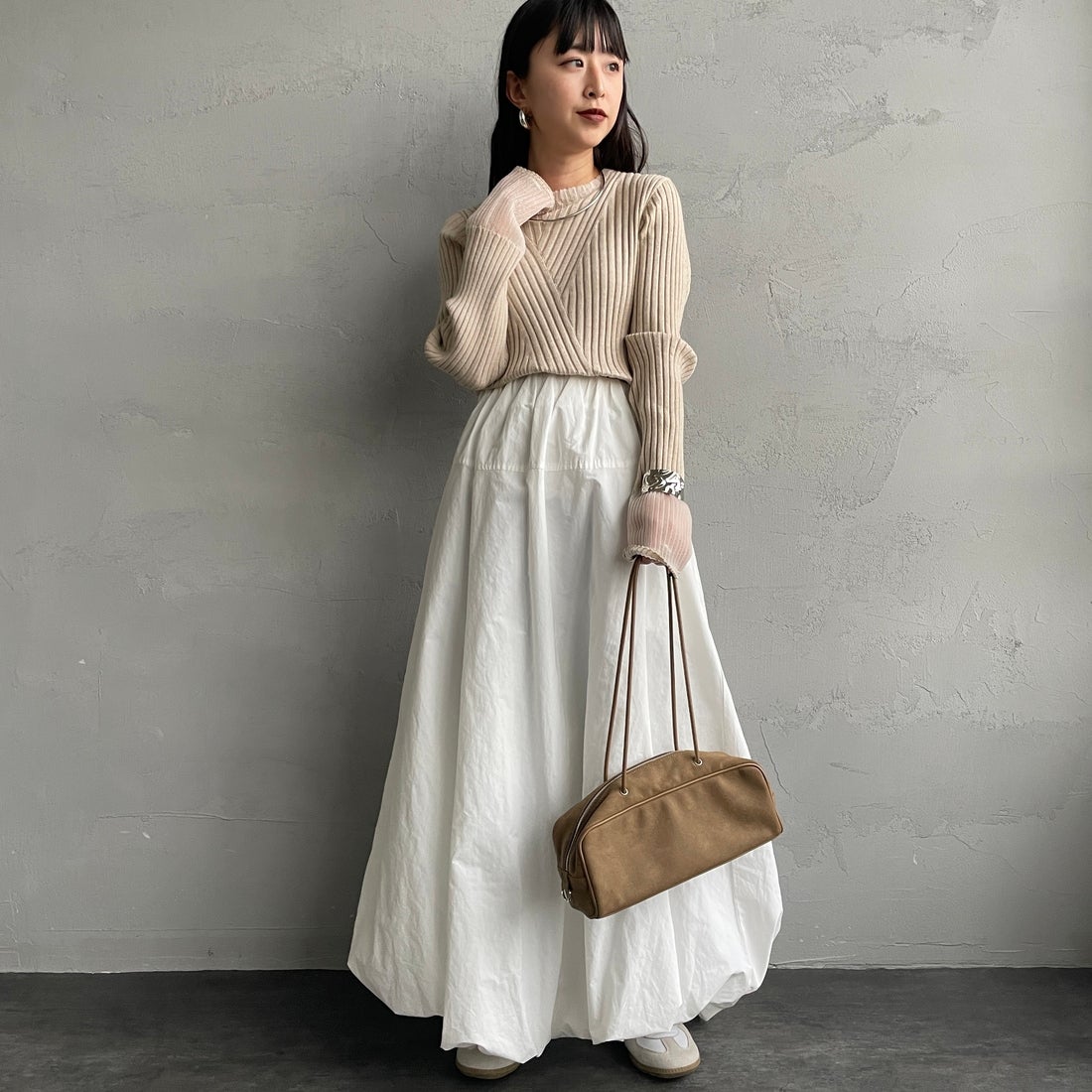 nenom [ネノム] ラメ袖切り替え ランダムリブニット [NE25131024] 22 BEIGE