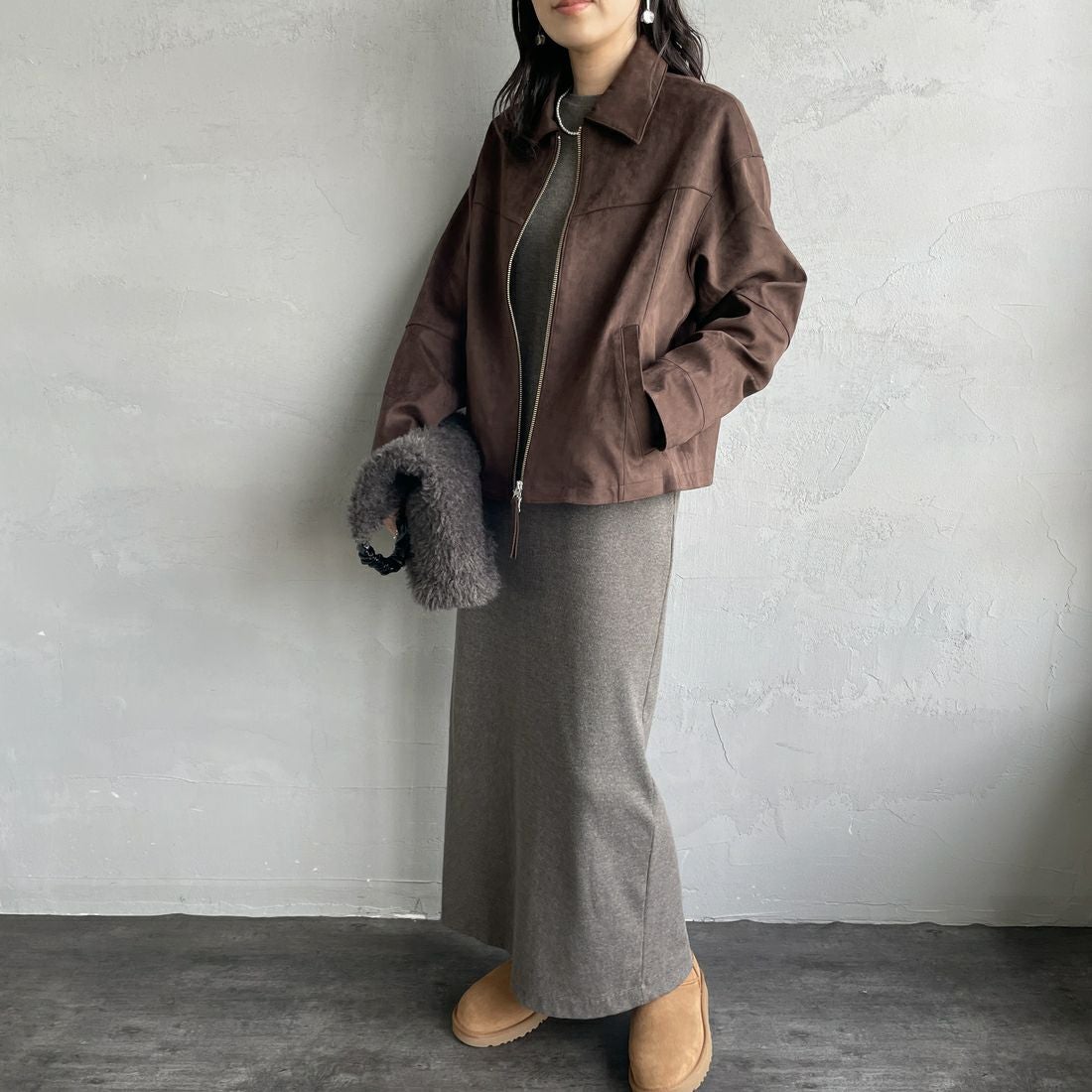 Noir Fabrik [ヌワールファブリック] スエードジャケット [25495-HN] BROWN &&モデル身長：160cm 着用サイズ：F&&