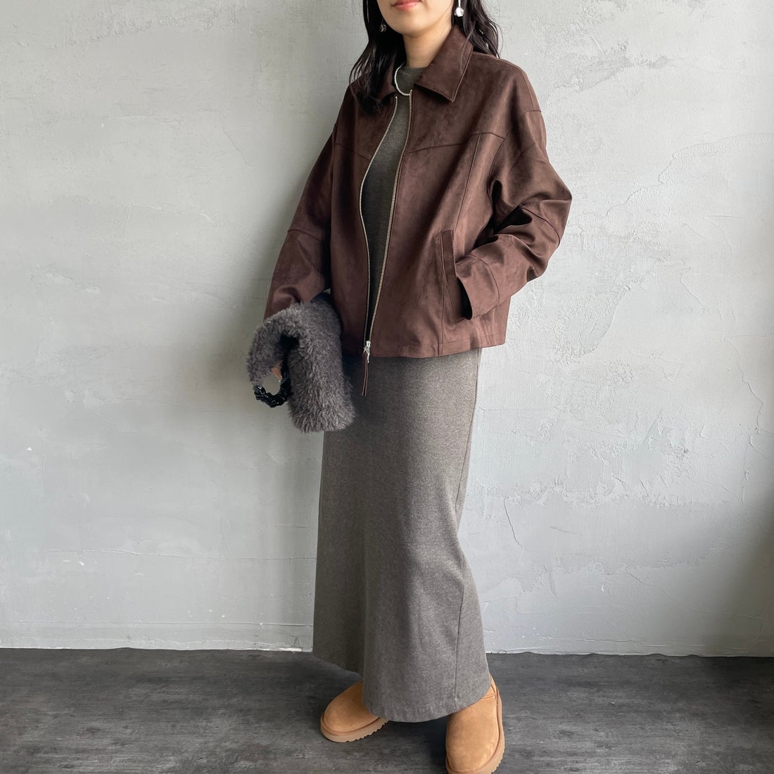 Noir Fabrik [ヌワールファブリック] スエードジャケット [25495-HN] BROWN &&モデル身長：160cm 着用サイズ：F&&