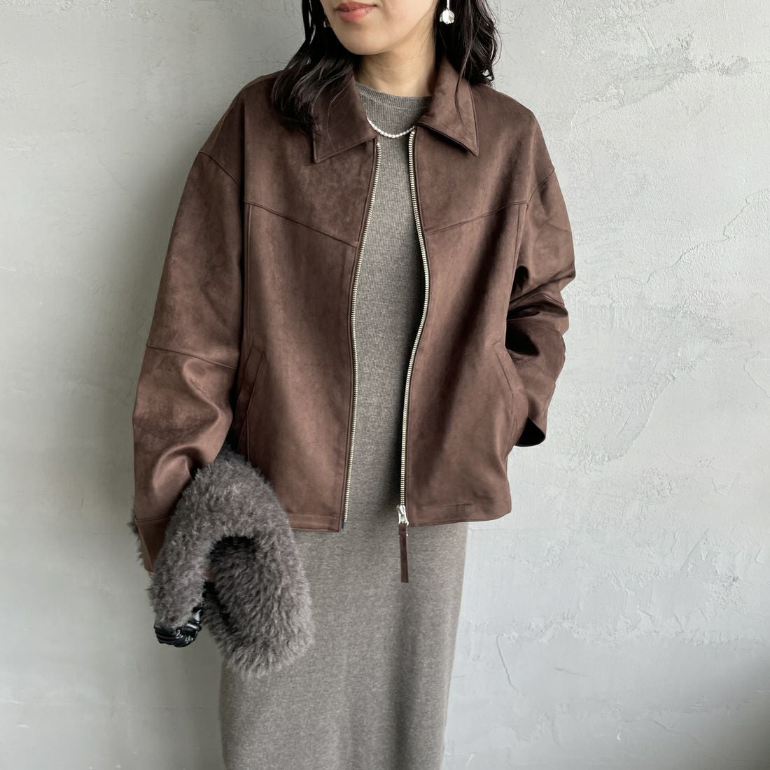 Noir Fabrik [ヌワールファブリック] スエードジャケット [25495-HN] BROWN &&モデル身長：160cm 着用サイズ：F&&