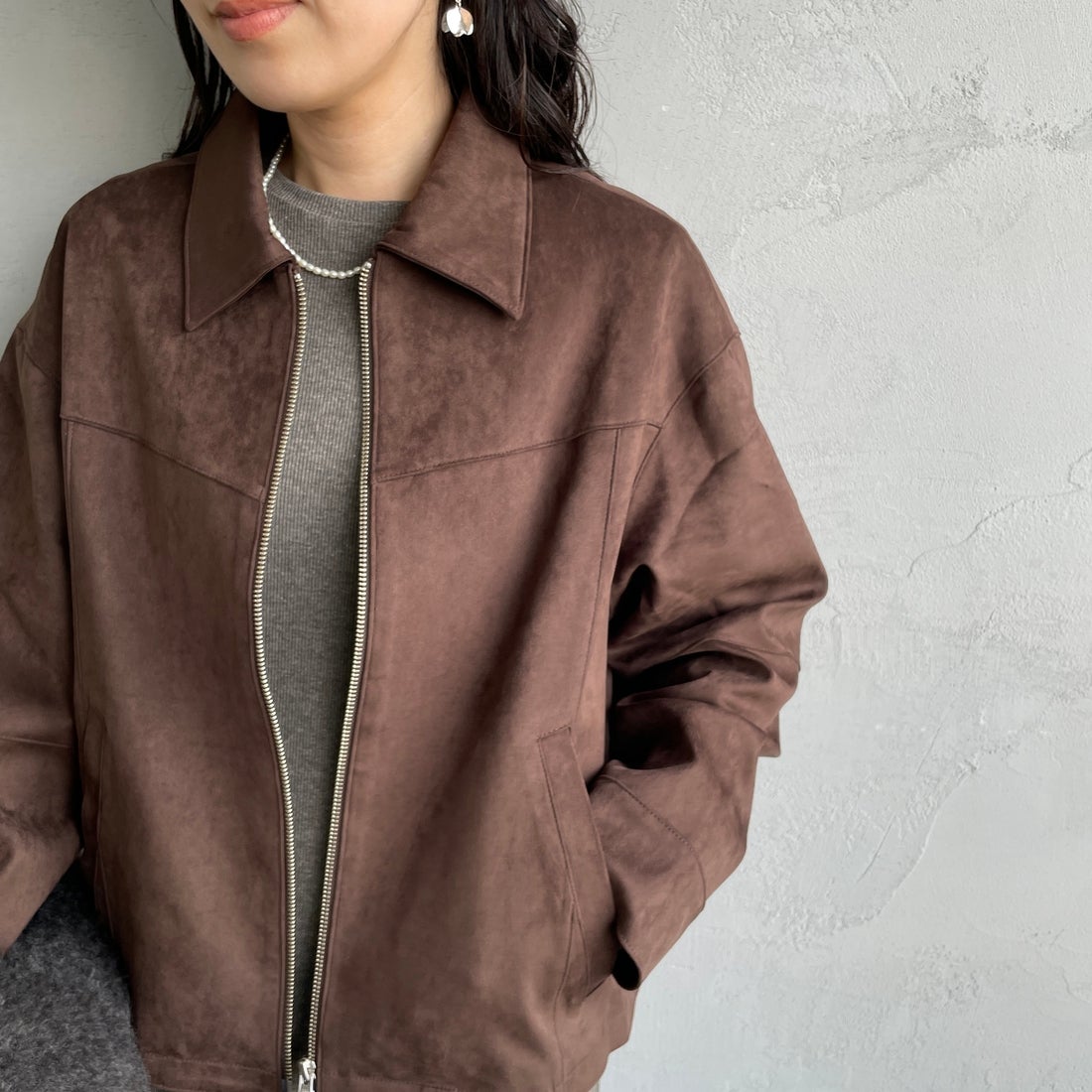 Noir Fabrik [ヌワールファブリック] スエードジャケット [25495-HN] BROWN &&モデル身長：160cm 着用サイズ：F&&