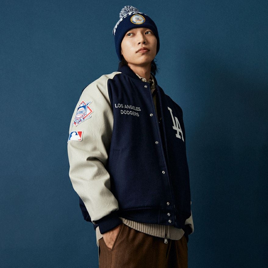 Fanatics [ファナティクス] 別注 MLBロゴワッペン メルトンスタジャン [ML2325FW0007-JF] NAVY LA &&モデル身長：179cm 着用サイズ：L&&