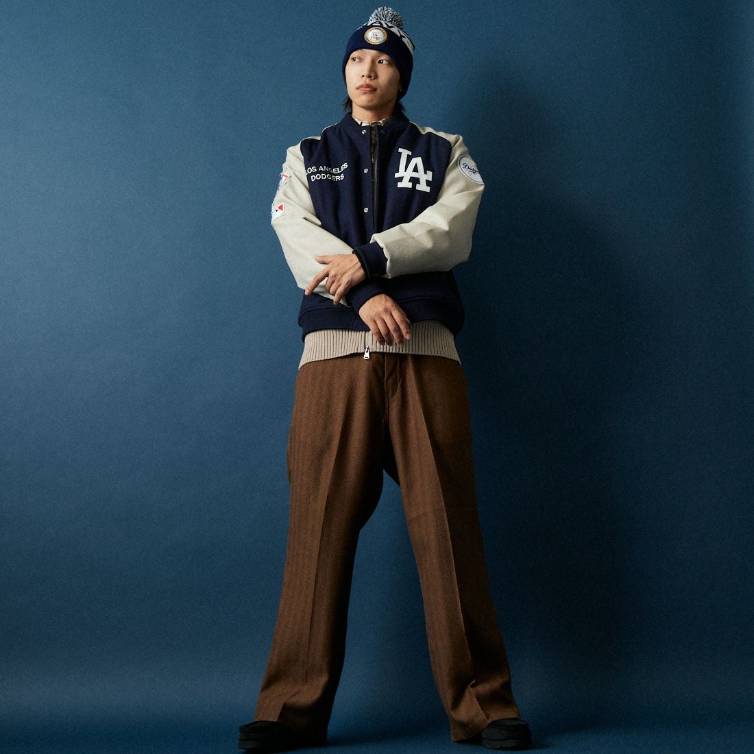 Fanatics [ファナティクス] 別注 MLBロゴワッペン メルトンスタジャン [ML2325FW0007-JF] NAVY LA &&モデル身長：179cm 着用サイズ：L&&