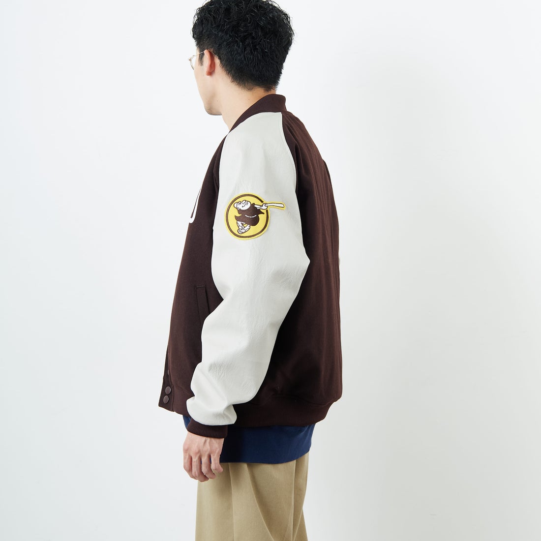 Fanatics [ファナティクス] 別注 MLBロゴワッペン メルトンスタジャン [ML2325FW0007-JF] BROWN SD &&モデル身長：168cm 着用サイズ：L&&