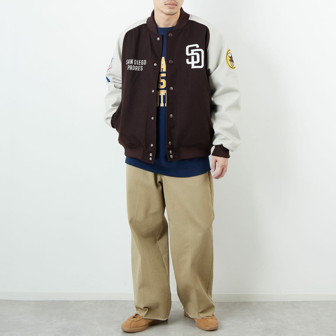 Fanatics [ファナティクス] 別注 MLBロゴワッペン メルトンスタジャン [ML2325FW0007-JF] BROWN SD &&モデル身長：168cm 着用サイズ：L&&