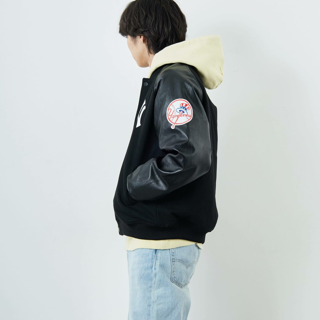 Fanatics [ファナティクス] 別注 MLBロゴワッペン メルトンスタジャン [ML2325FW0007-JF] BLACK NY &&モデル身長：179cm 着用サイズ：L&&