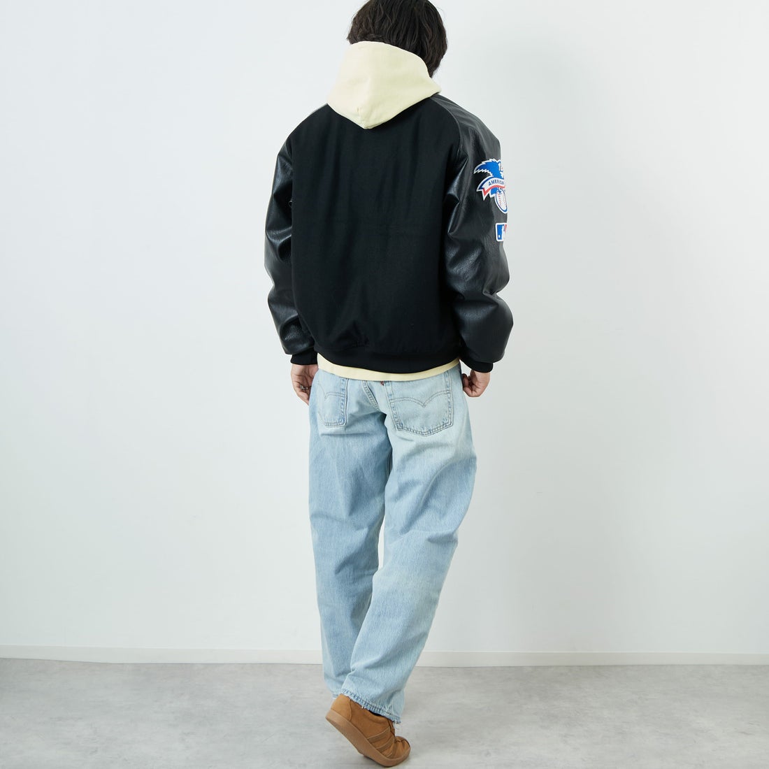 Fanatics [ファナティクス] 別注 MLBロゴワッペン メルトンスタジャン [ML2325FW0007-JF] BLACK NY &&モデル身長：179cm 着用サイズ：L&&