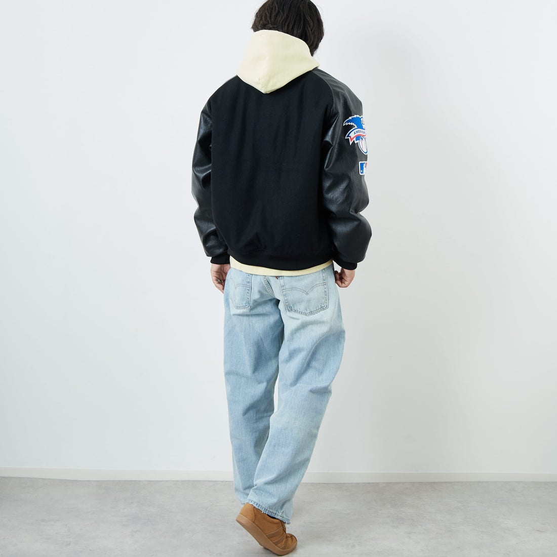 Fanatics [ファナティクス] 別注 MLBロゴワッペン メルトンスタジャン [ML2325FW0007-JF] BLACK NY &&モデル身長：179cm 着用サイズ：L&&