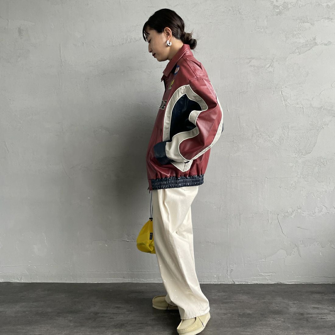 HONDA × JEANSFACTORY [ホンダ × ジーンズファクトリー] フェイクレザーレーシングジャケット [JFC-254-085] RED &&モデル身長：150cm 着用サイズ：S&&