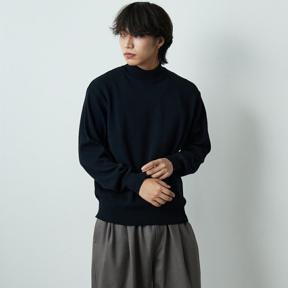 Noir Fabrik [ヌワールファブリック] ミラノリブモックネックニット [NF-254-069] BLACK &&モデル身長：179cm 着用サイズ：M&&