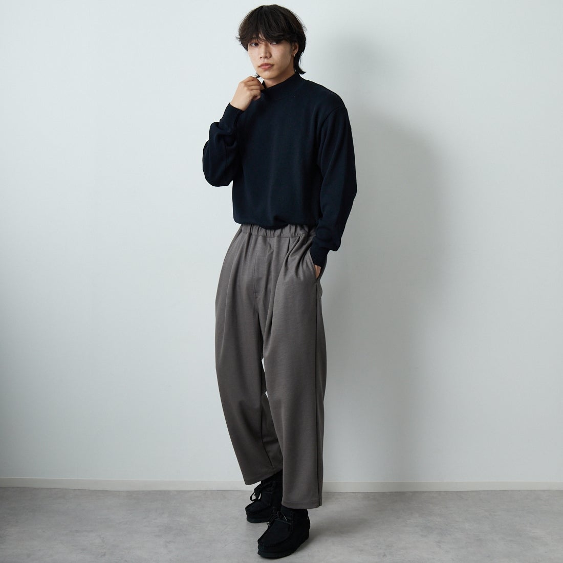 Noir Fabrik [ヌワールファブリック] ミラノリブモックネックニット [NF-254-069] BLACK &&モデル身長：179cm 着用サイズ：M&&ヌワールファブリック] ミラノリブモックネックニット [NF-254-069] BLACK