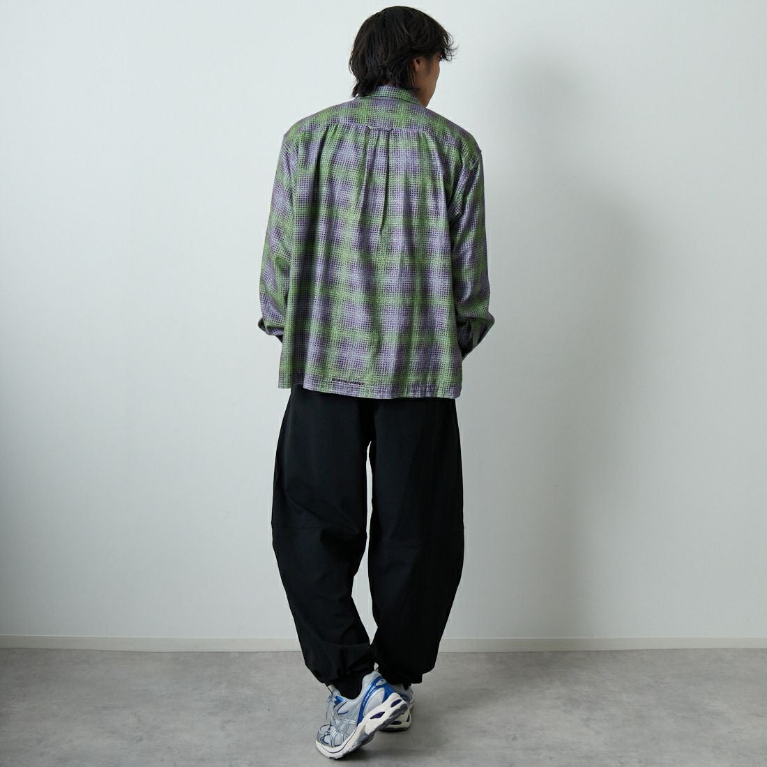 SEDAN ALL-PURPOSE [セダン オールパーパス] プリンテッドプレイドフランネル オープンカラーシャツ [SD25F-SH02] GRN/PPL &&モデル身長：179cm 着用サイズ：L&&