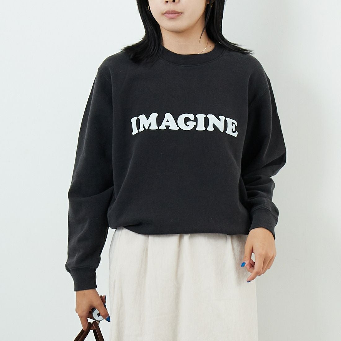 WORN FREE [ウォーン フリー] ヨーコ・オノ スウェット IMAGINE [WFR-VTG-200010] 09 BLACK &&モデル身長：167cm 着用サイズ：S&&