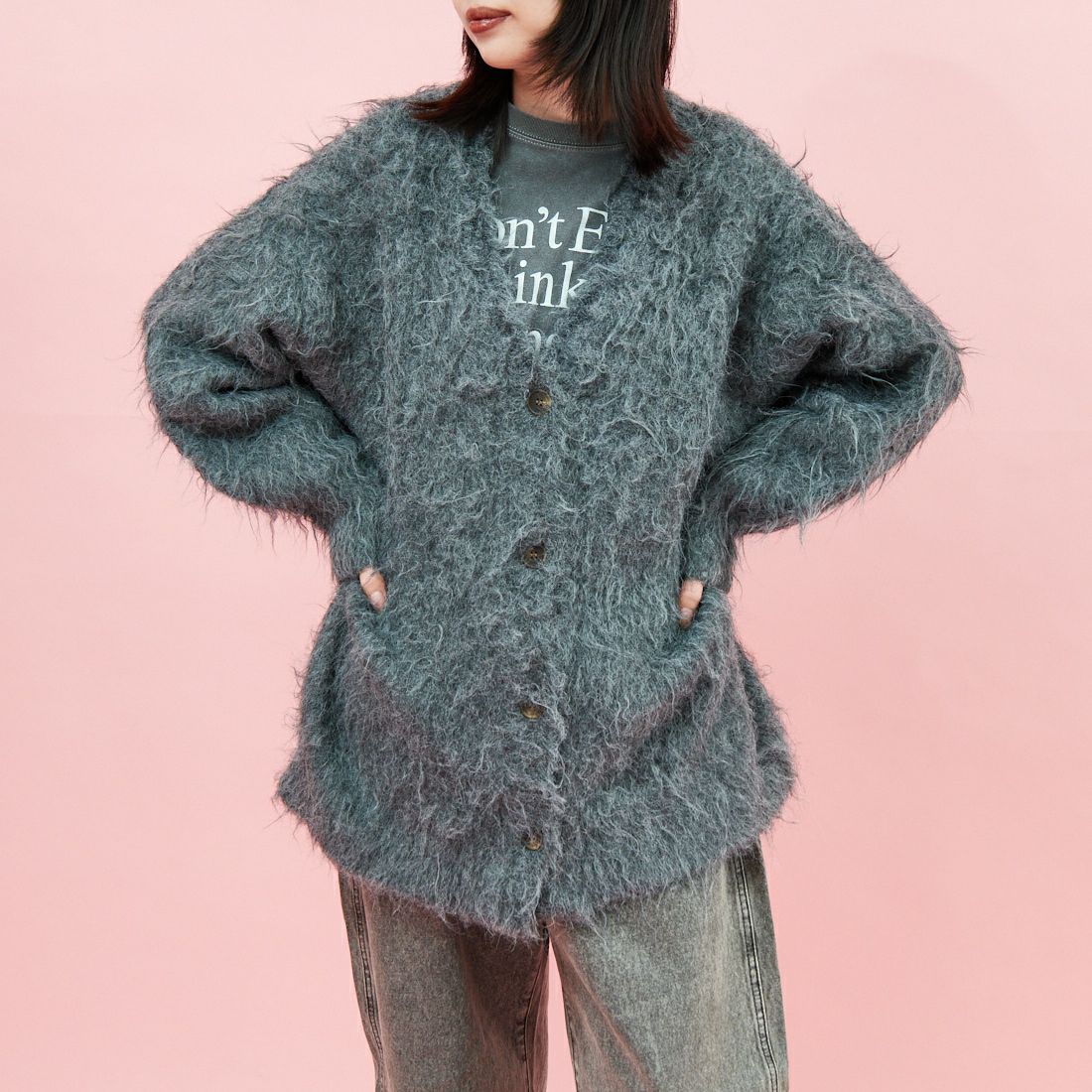 hwyl [ヒュイル] オーバーサイズシャギーニットカーディガン [55285569] ﾁｬｺｰﾙ &&モデル身長：162cm 着用サイズ：2&&