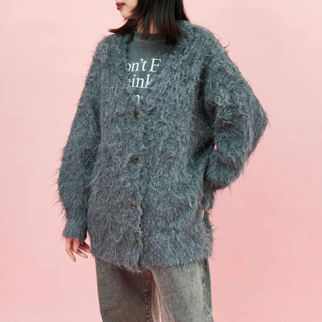 hwyl [ヒュイル] オーバーサイズシャギーニットカーディガン [55285569] ﾁｬｺｰﾙ &&モデル身長：162cm 着用サイズ：2&&