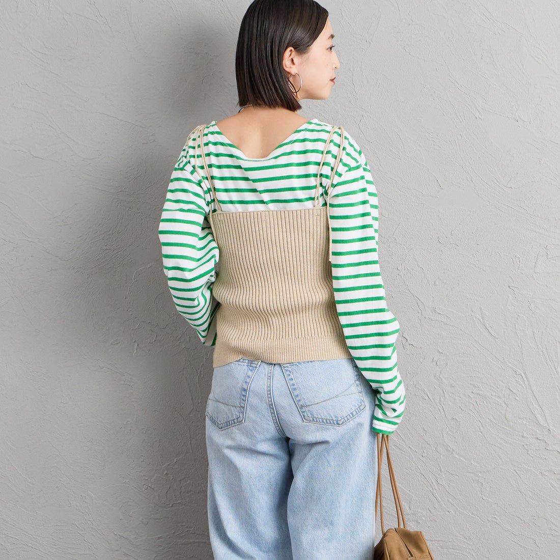 nenom [ネノム] マルチWAY フロントボタンリブニットビスチェ [NE25131033] 22 BEIGE&&モデル身長：150cm 着用サイズ：F&&