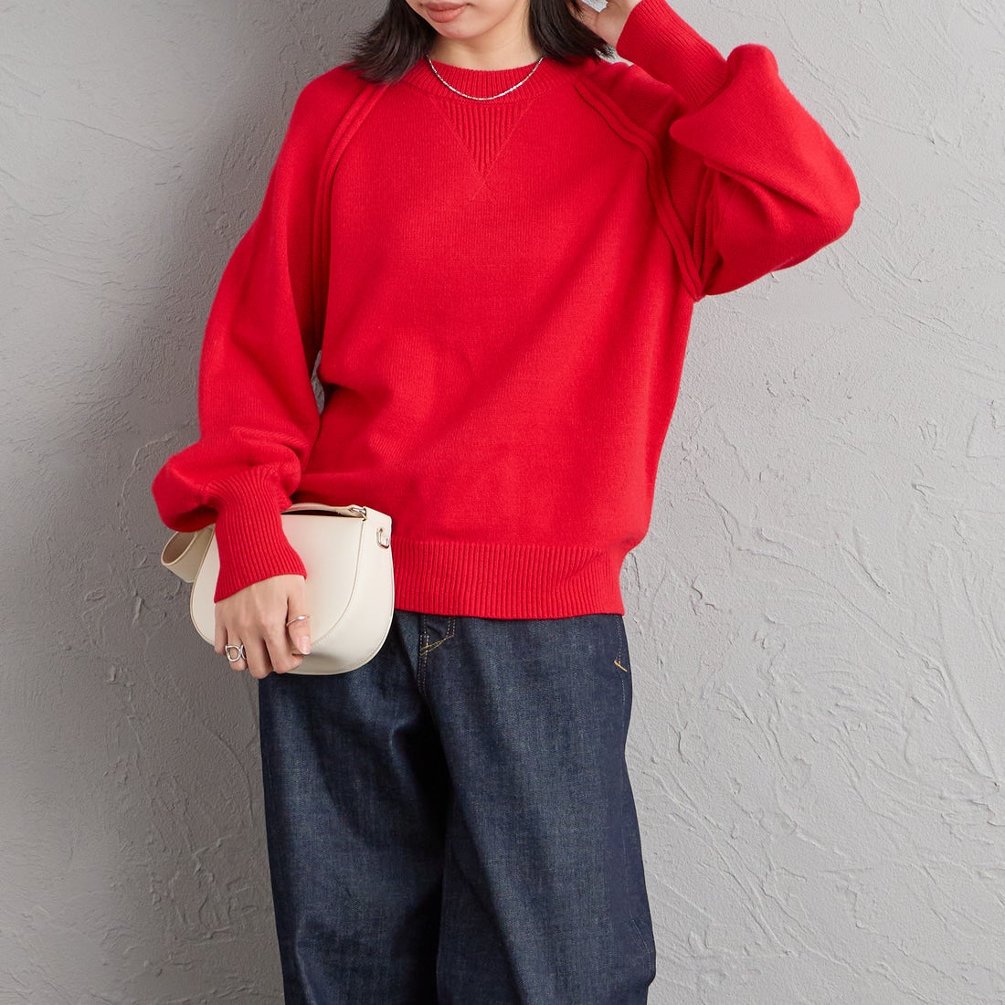nenom [ネノム] スウェットライクニットプルオーバー [NE24131038] 46 RED &&モデル身長：162cm 着用サイズ：F&&