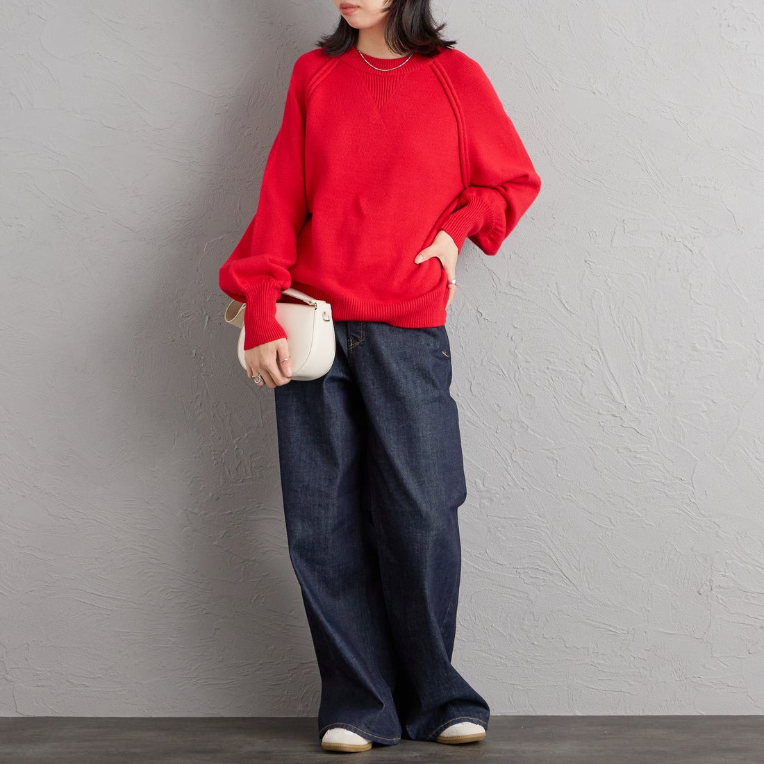 nenom [ネノム] スウェットライクニットプルオーバー [NE24131038] 46 RED &&モデル身長：162cm 着用サイズ：F&&