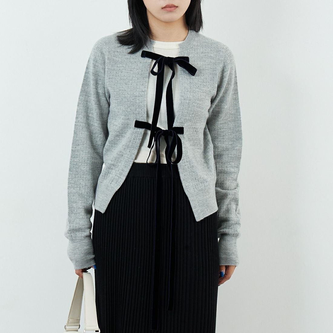 RhodolirioN [ロドリリオン] ボイルニット リボンカーディガン [RV1061] A H.GREY &&モデル身長：167cm 着用サイズ：ONE SIZE&&
