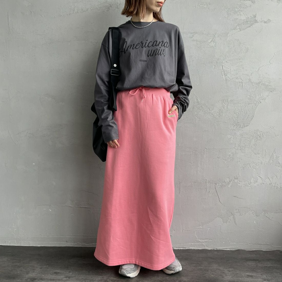 Health knit [ヘルスニット] クラシックスウェット ナローロングスカート [HR25F-L271IN-JF] PINK &&モデル身長：158cm 着用サイズ：M&&