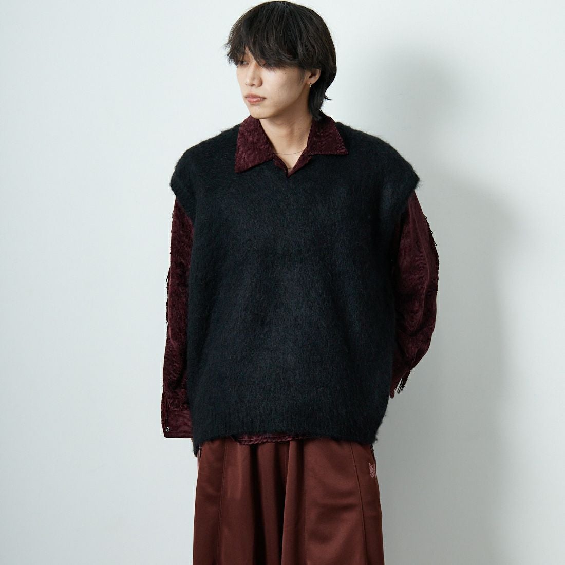 Needles [ニードルズ] モヘアニットベスト SOLID [RW359] C BLACK &&モデル身長：179cm 着用サイズ：M&&