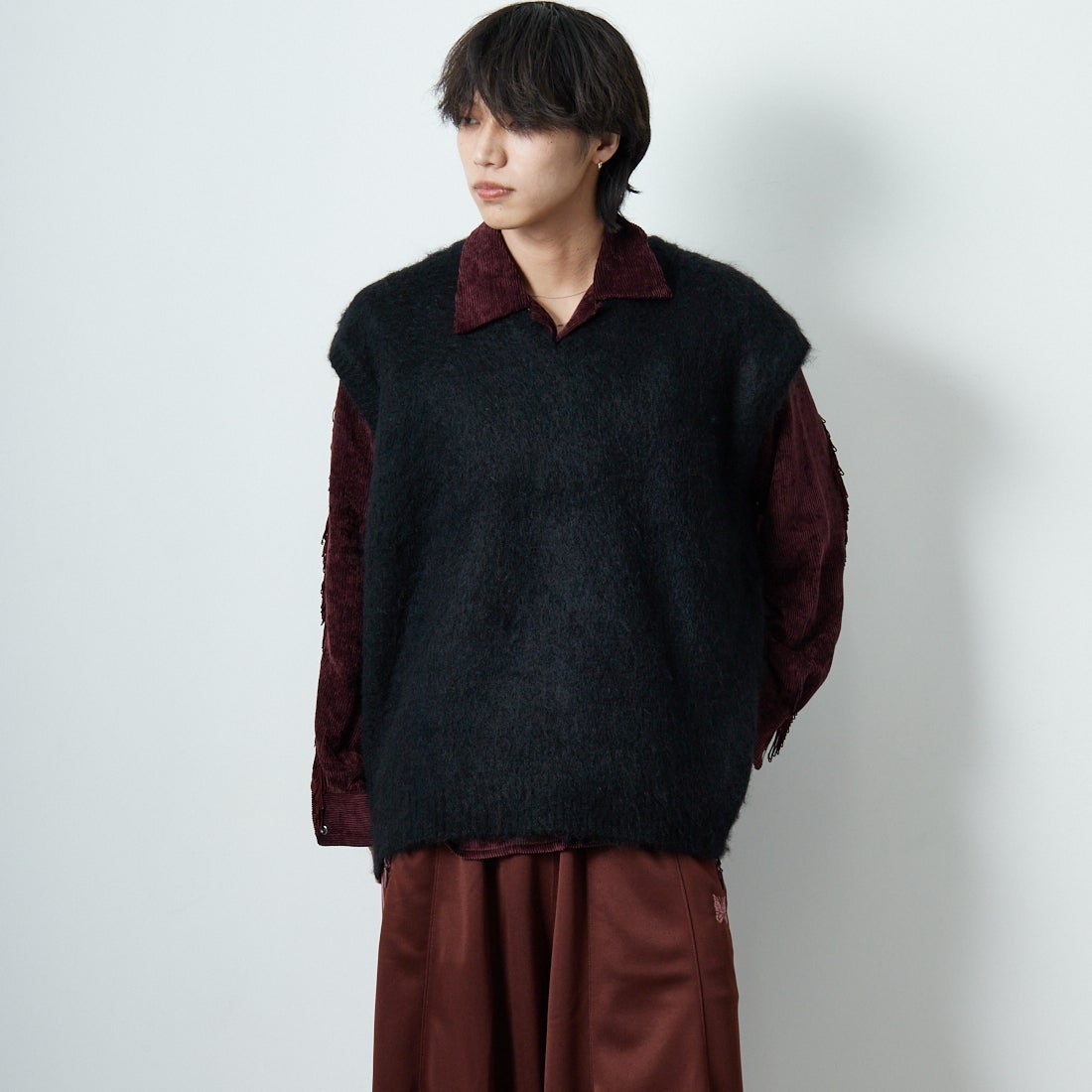 Needles [ニードルズ] モヘアニットベスト SOLID [RW359] C BLACK &&モデル身長：179cm 着用サイズ：M&&
