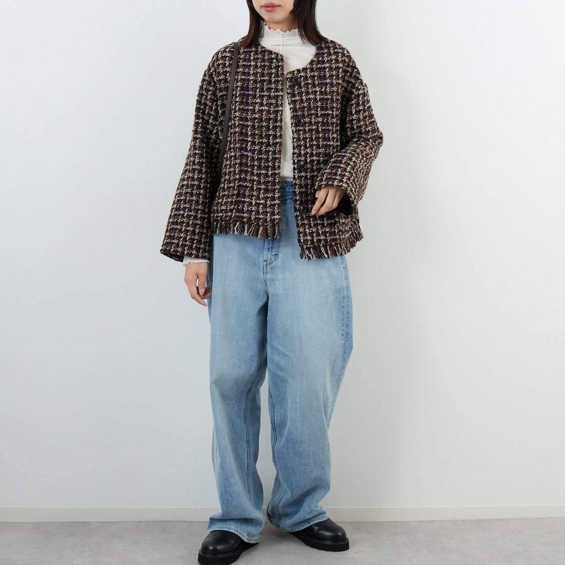 Jeans Factory Clothes [ジーンズファクトリークローズ] ファンシーヤーン ツイードジャケット [LFF706] 840 BLACK &&モデル身長：162cm 着用サイズ：F&&