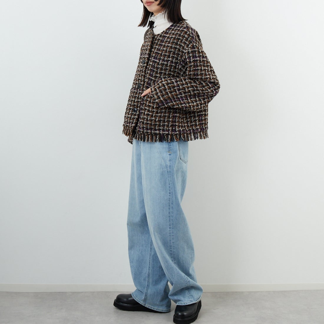 Jeans Factory Clothes [ジーンズファクトリークローズ] ファンシーヤーン ツイードジャケット [LFF706] 840 BLACK &&モデル身長：162cm 着用サイズ：F&&