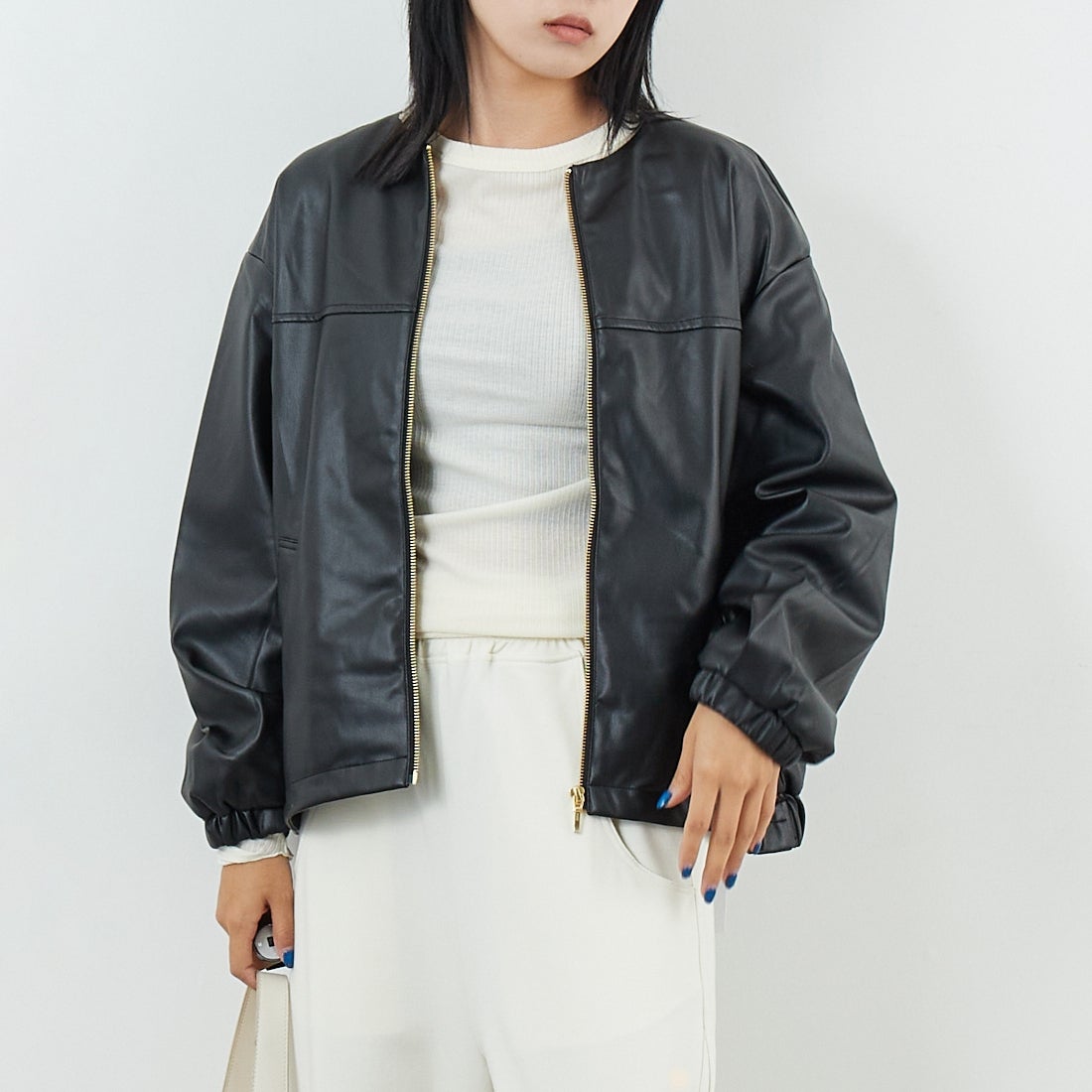 Jf Ready Made [ジェイエフレディメイド] フェイクレザージャケット [8552211-01] 03 ﾌﾞﾗｯｸ &&モデル身長：167cm 着用サイズ：F&&