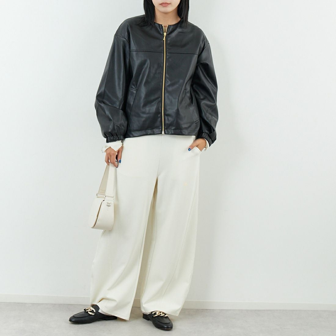 Jf Ready Made [ジェイエフレディメイド] フェイクレザージャケット [8552211-01] 03 ﾌﾞﾗｯｸ &&モデル身長：167cm 着用サイズ：F&&