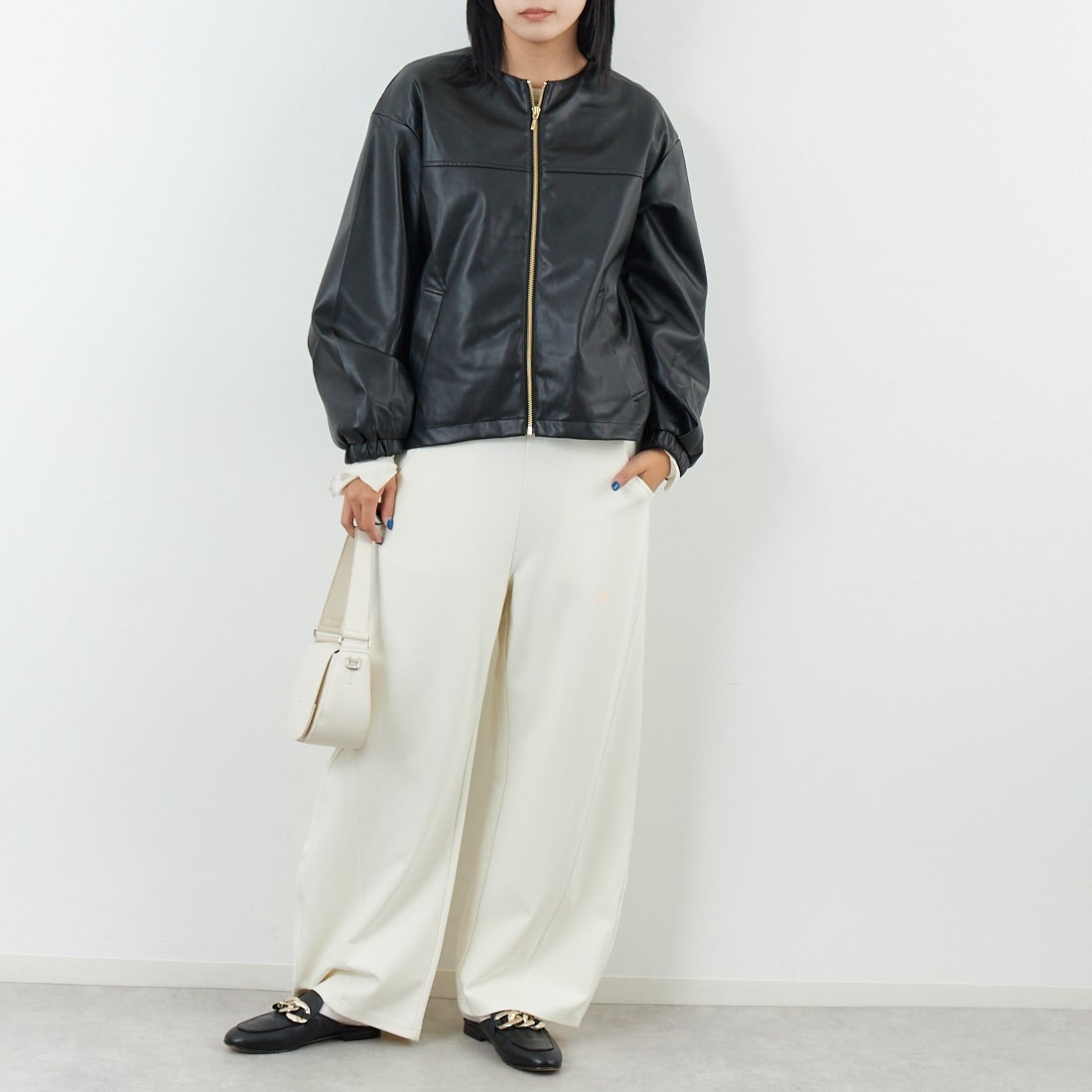 Jf Ready Made [ジェイエフレディメイド] フェイクレザージャケット [8552211-01] 03 ﾌﾞﾗｯｸ &&モデル身長：167cm 着用サイズ：F&&