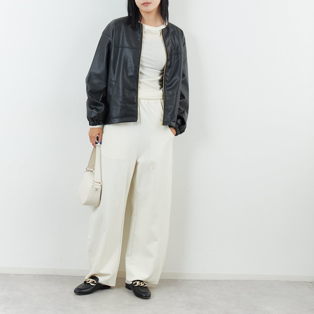 Jf Ready Made [ジェイエフレディメイド] フェイクレザージャケット [8552211-01] 03 ﾌﾞﾗｯｸ &&モデル身長：167cm 着用サイズ：F&&