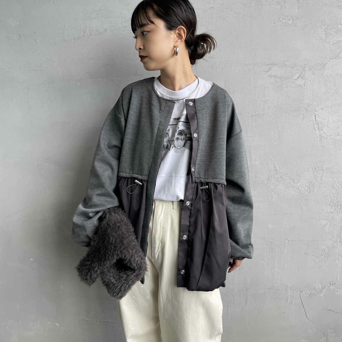 nenom [ネノム] 裾バルーン ドッキングブルゾン [NE25132018] 08 CHARCOA &&モデル身長：150cm 着用サイズ：F&&