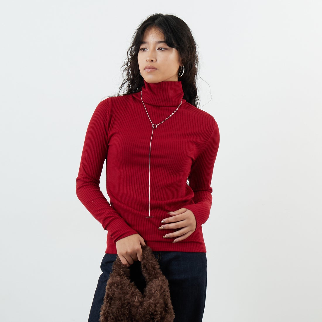 Jeans Factory Clothes [ジーンズファクトリークローズ] ウォームリブタートルネックTシャツ [JFW-C026] RED &&モデル身長：162cm 着用サイズ：36&&