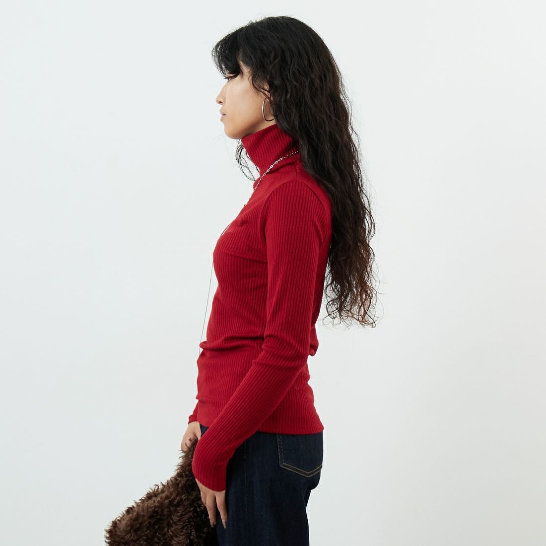 Jeans Factory Clothes [ジーンズファクトリークローズ] ウォームリブタートルネックTシャツ [JFW-C026] RED &&モデル身長：162cm 着用サイズ：36&&