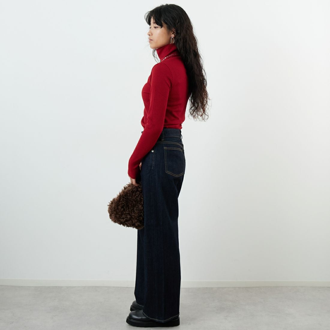 Jeans Factory Clothes [ジーンズファクトリークローズ] ウォームリブタートルネックTシャツ [JFW-C026] RED &&モデル身長：162cm 着用サイズ：36&&
