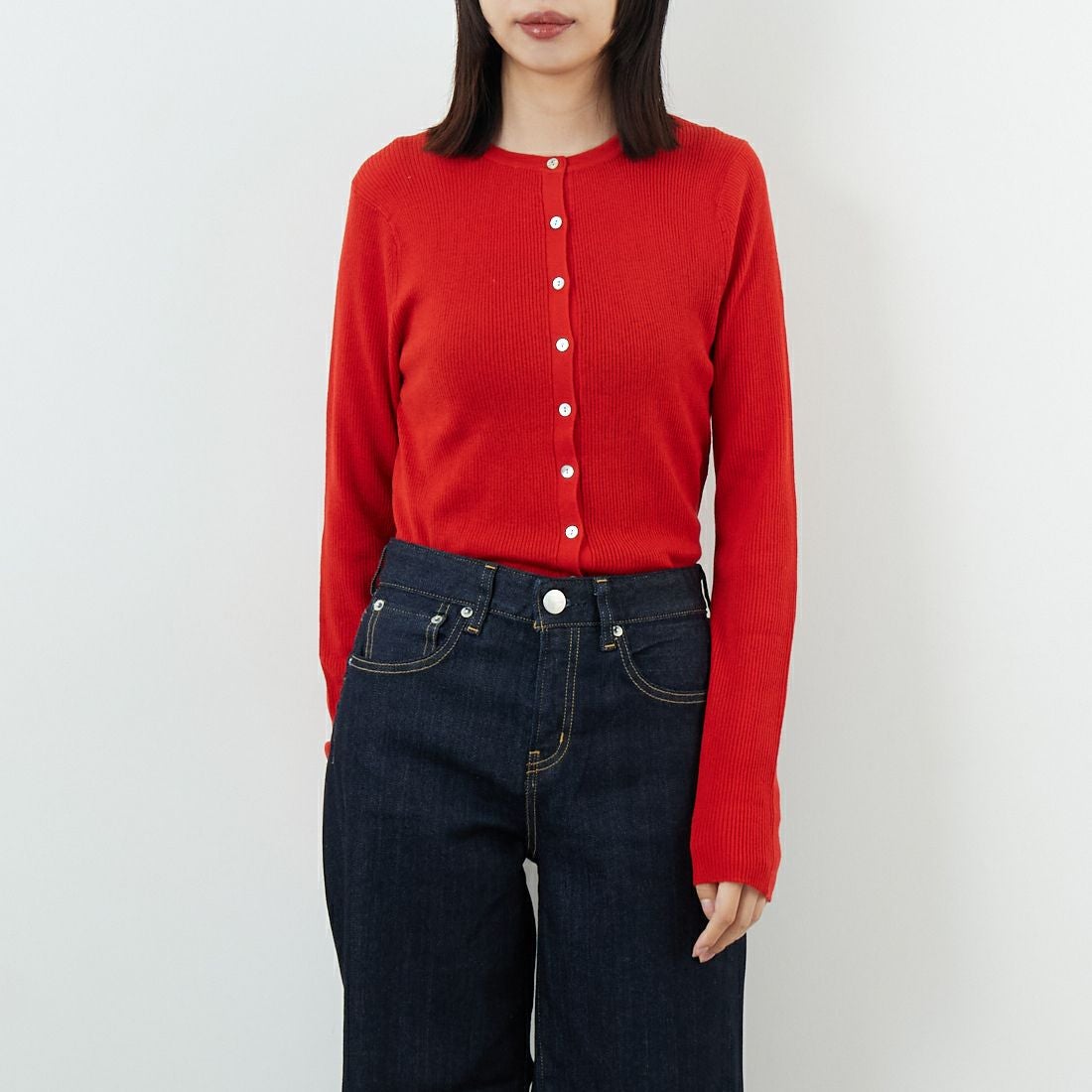 USINE [ユジーヌ] リブニットカーディガン [11256842] ﾚｯﾄﾞ &&モデル身長：162cm 着用サイズ：36&&