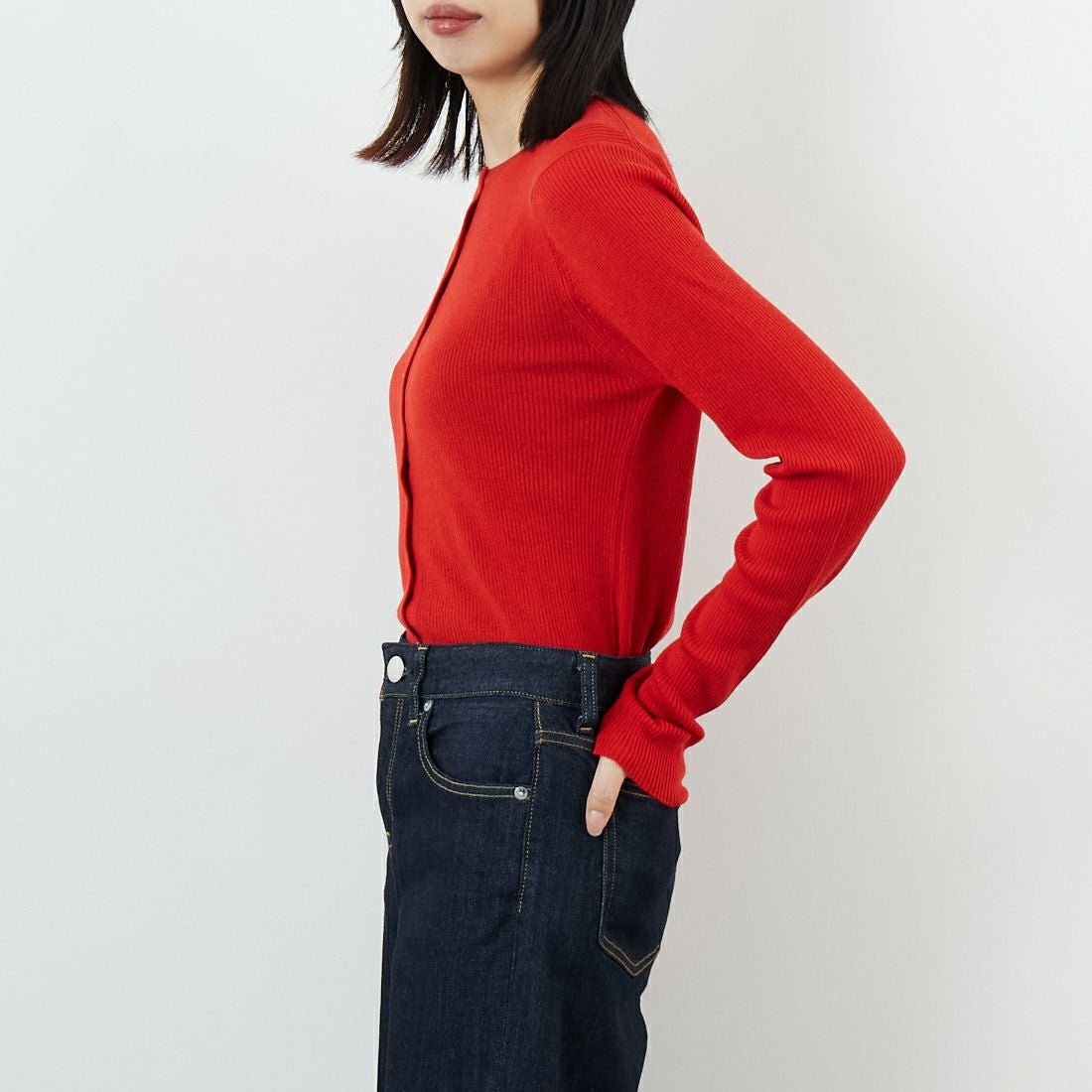 USINE [ユジーヌ] リブニットカーディガン [11256842] ﾚｯﾄﾞ &&モデル身長：162cm 着用サイズ：36&&