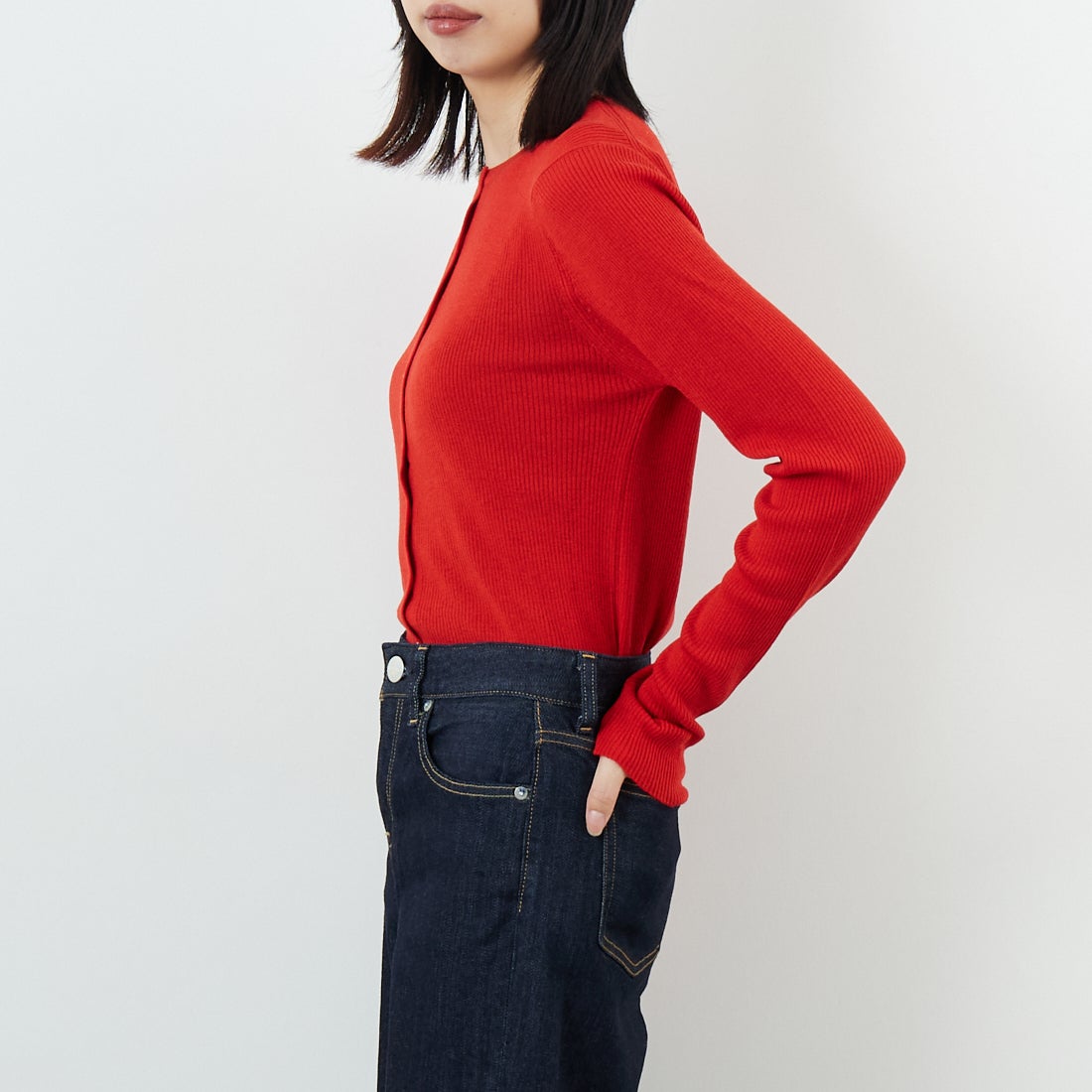 USINE [ユジーヌ] リブニットカーディガン [11256842] ﾚｯﾄﾞ &&モデル身長：162cm 着用サイズ：36&&